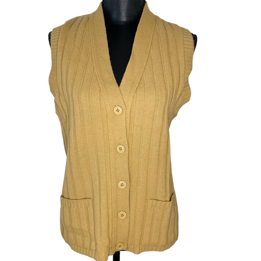 Sears Sweater Vest Vintage V Neck Button Front Ribbed Mustard Yellow Size Large